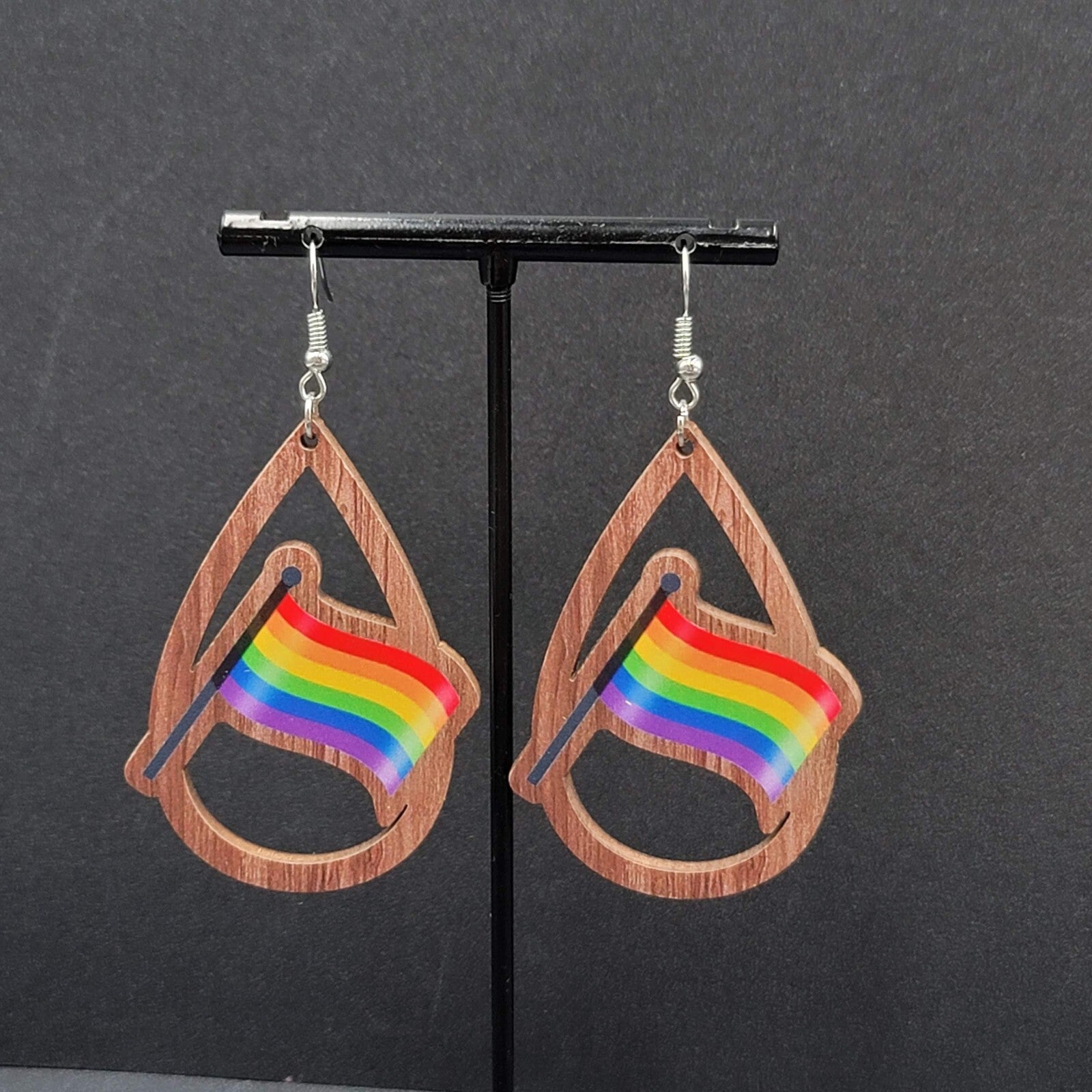 New PRIDE FLAG Pierced Earrings Rainbow Wood Teardrop Dangle 2.25"