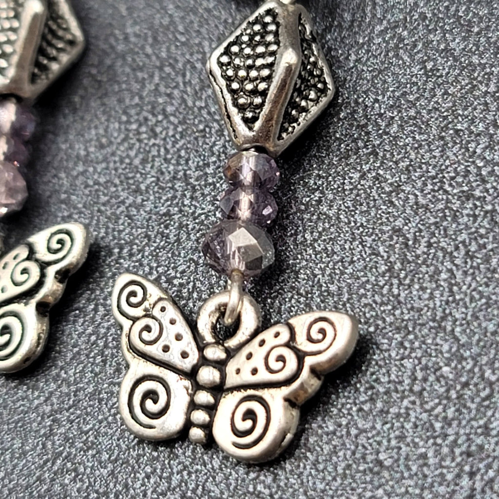 Butterfly Pierced Earrings Silver tone Purple Crystal Bead Dangle 1.25"