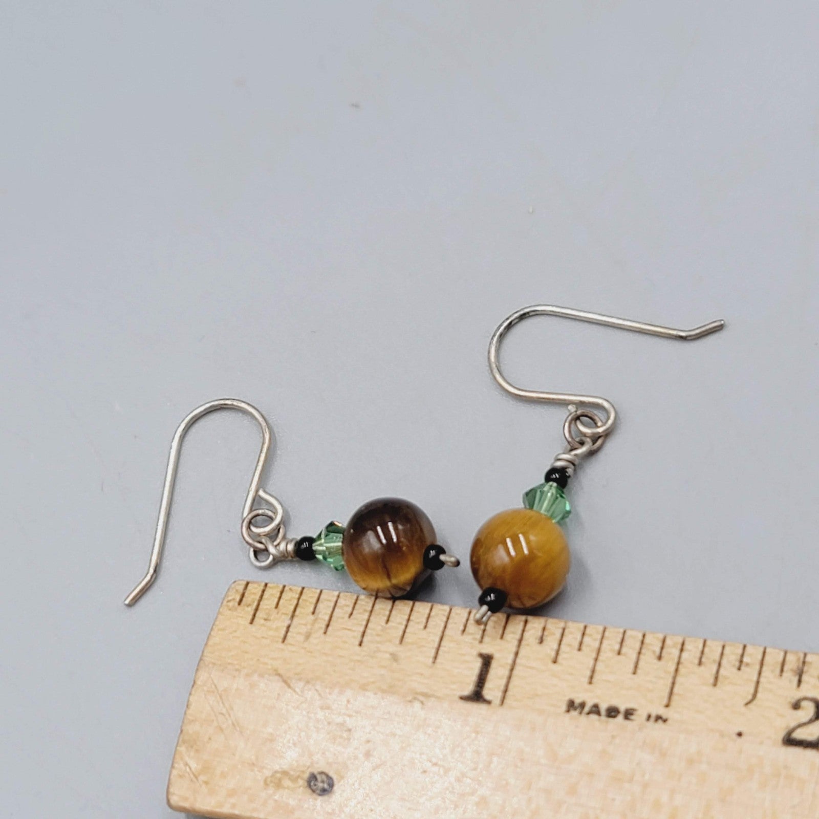 Tigers Eye Bead Pierced Earrings Silver tone Dangle 3/4"