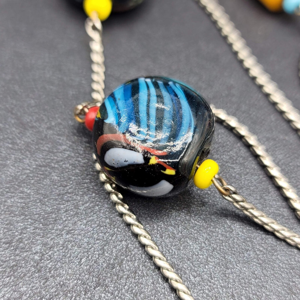 Art Glass Bead Necklace Silver tone Station Bead 44"