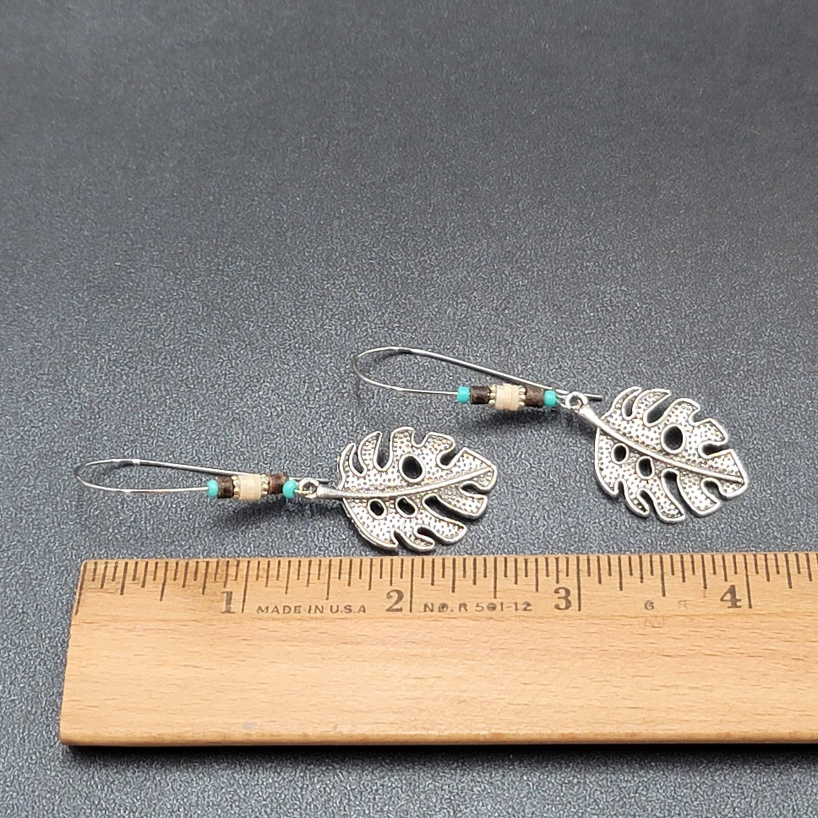 Pierced Earrings Silver tone Leaf Beaded Dangle 2.25"