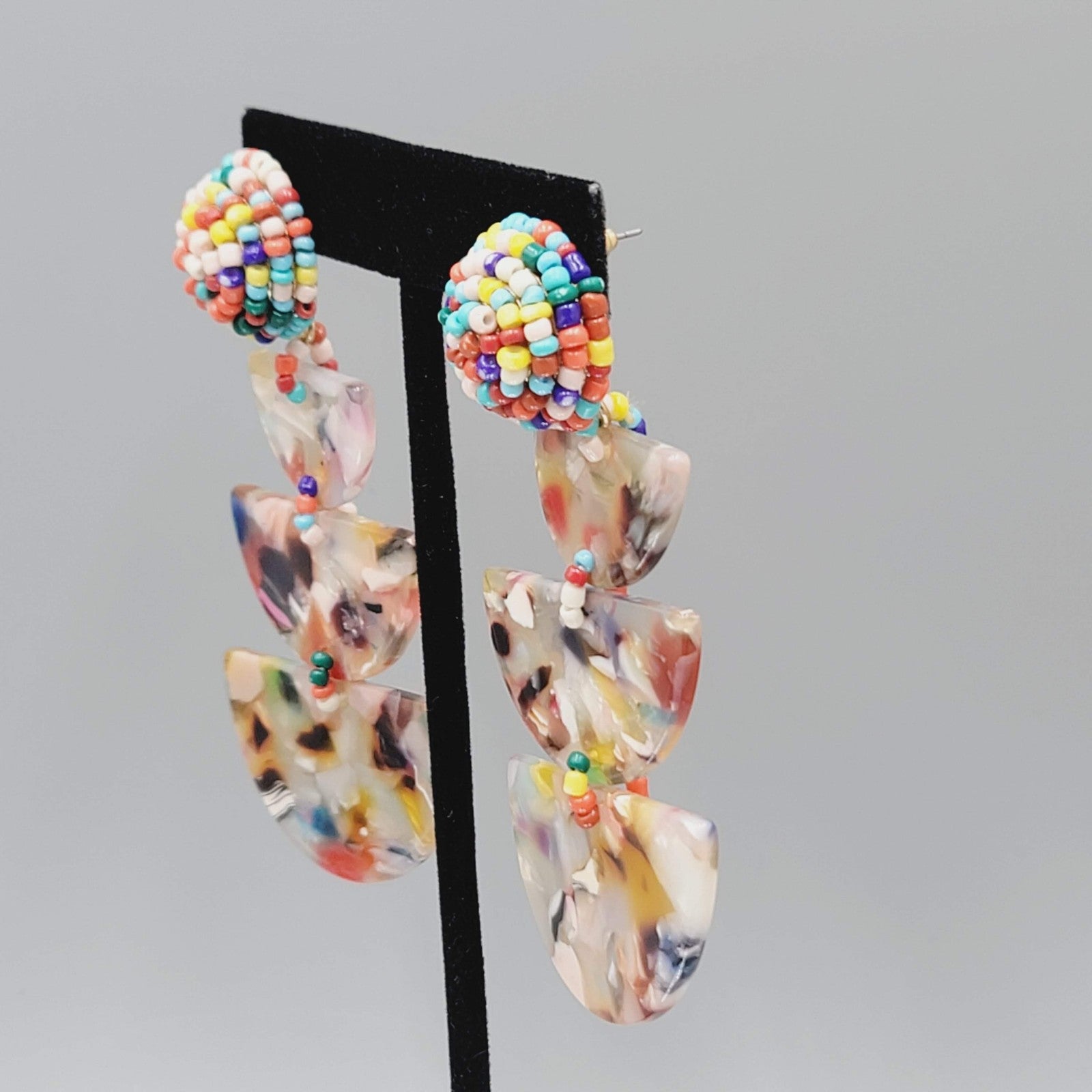 Statement Beaded Dangle Pierced Earrings Acrylic Resin Confetti Boho 3"