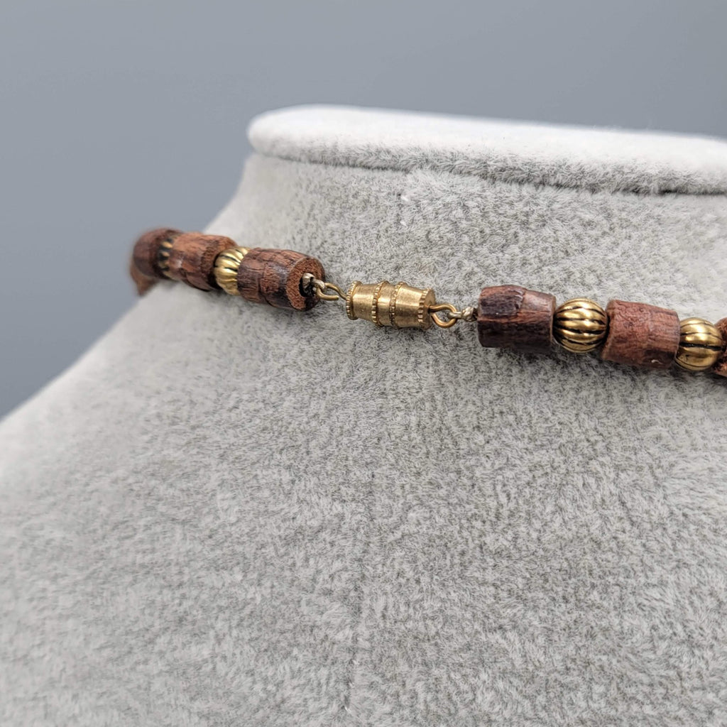 Vintage Wood Nut Brass Bead Necklace Unisex Ethnic 16 in