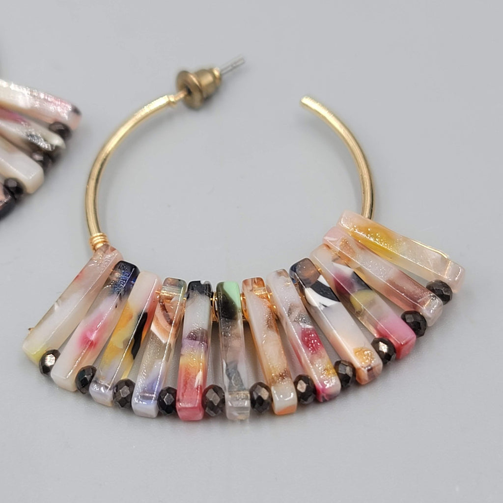 Colorful Resin Hoop Pierced Earrings Gold Tone Statement Jewelry 2"