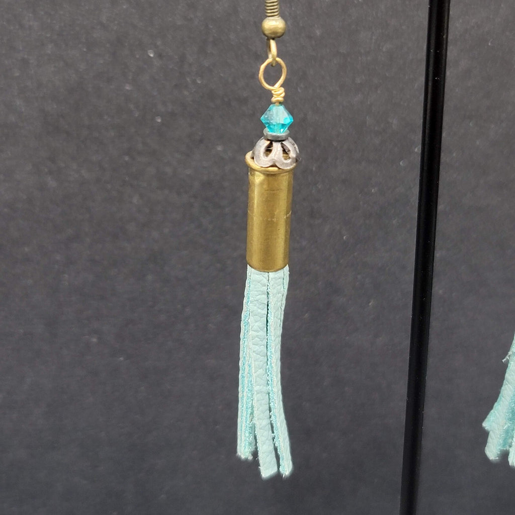 Pierced Earrings Bronze tone Blue Bead Tassel Dangle Boho 2.25"