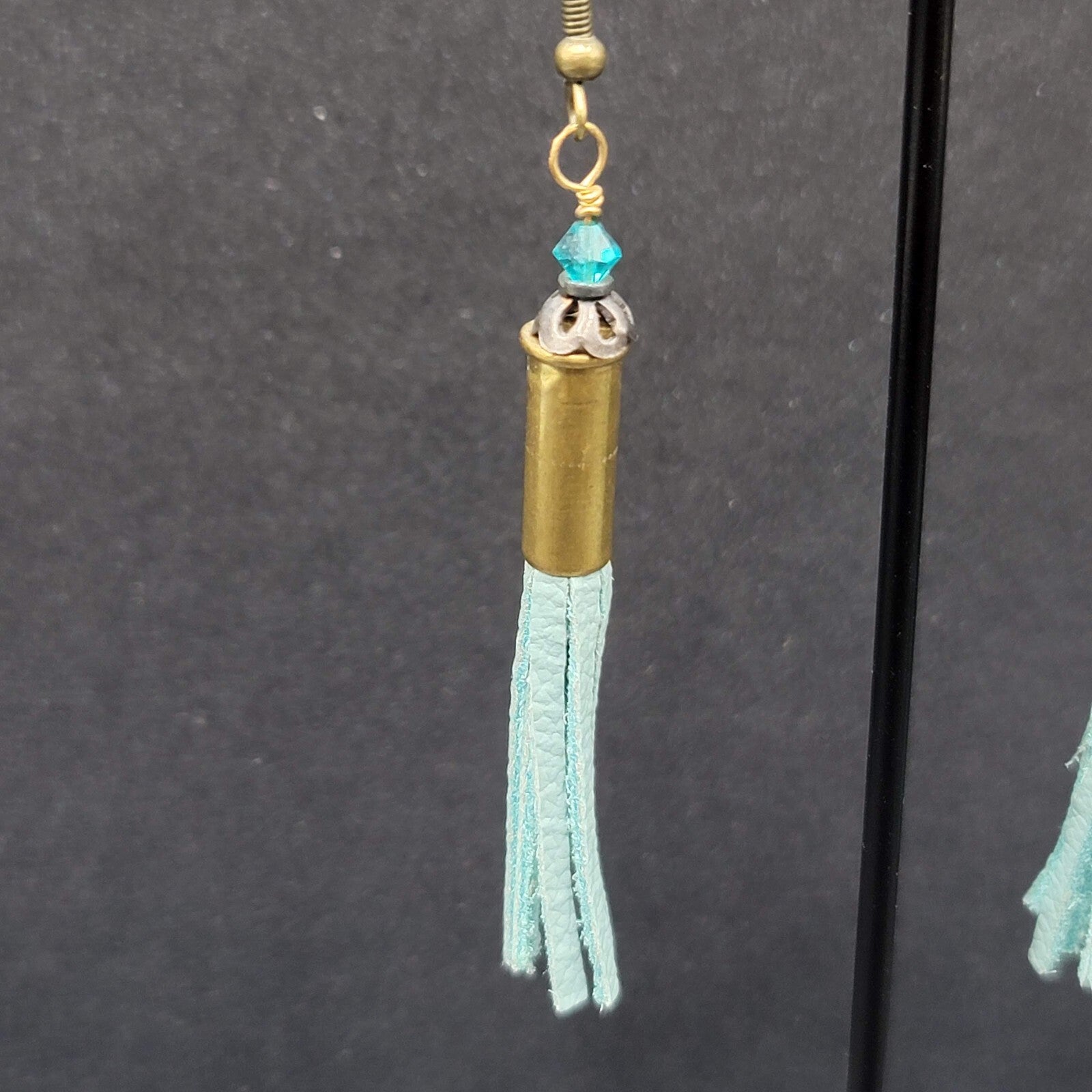 Pierced Earrings Bronze tone Blue Bead Tassel Dangle Boho 2.25"