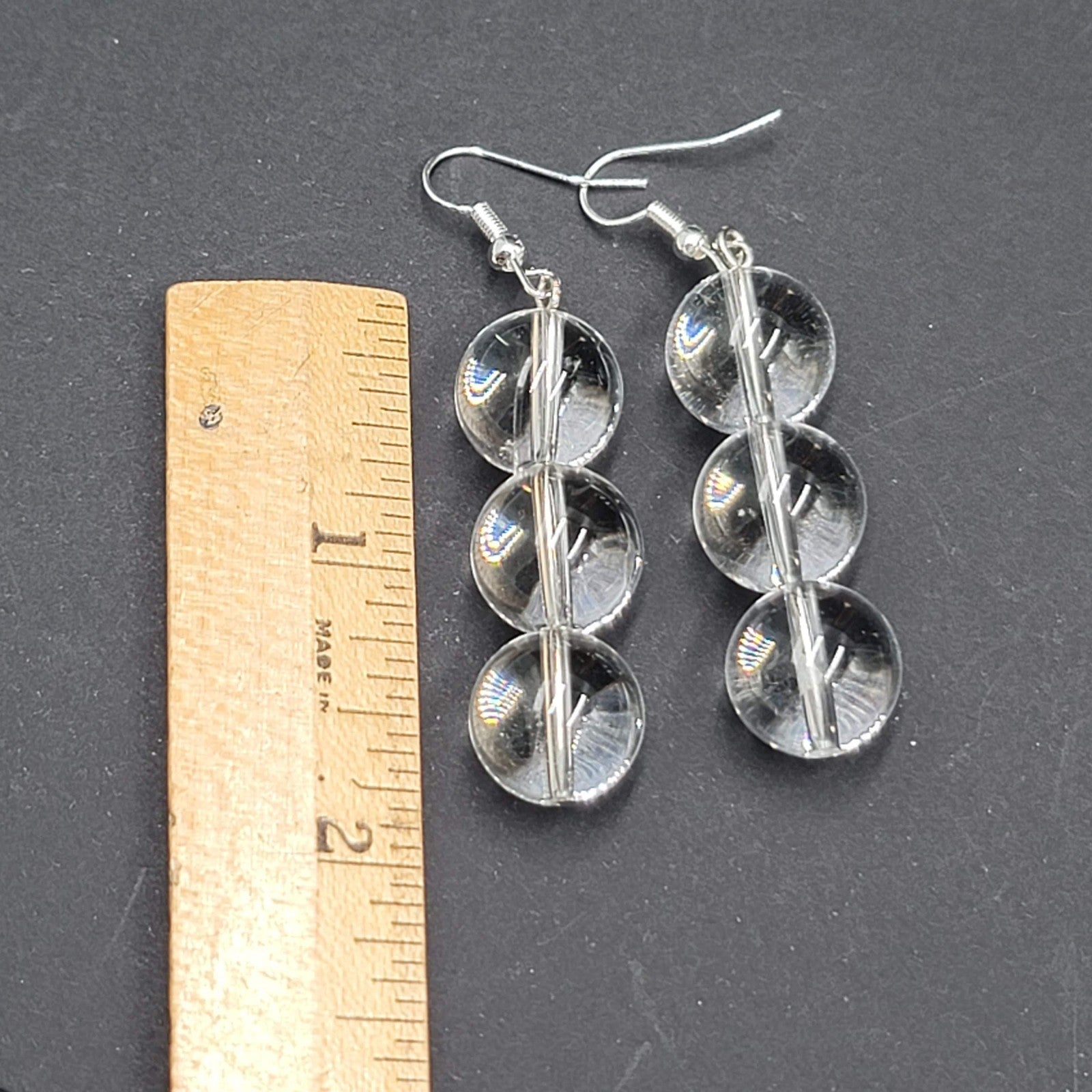 Sphere Glass Bead Dangle Pierced Earrings Silver tone 1.75"
