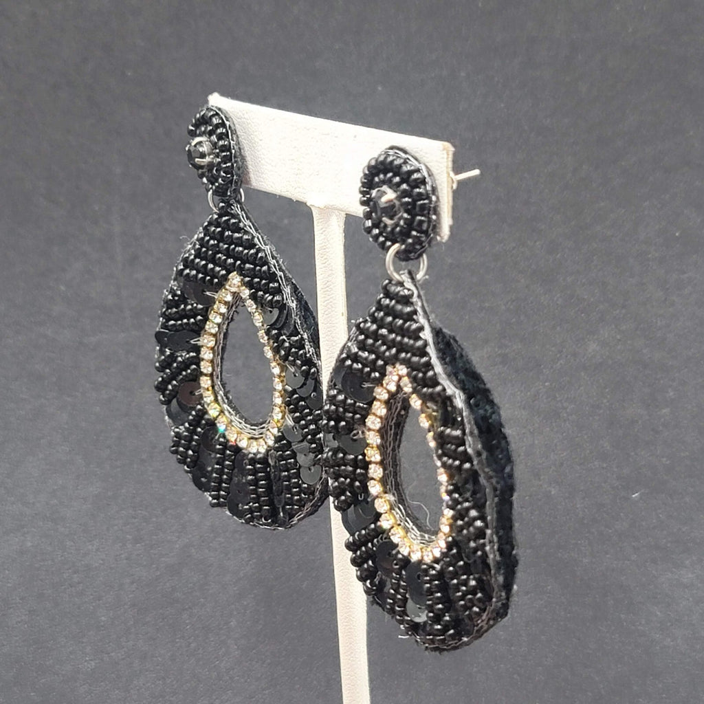 Pierced Earrings Black Felt Seed Beaded Rhinestone Runway Dangle 3"