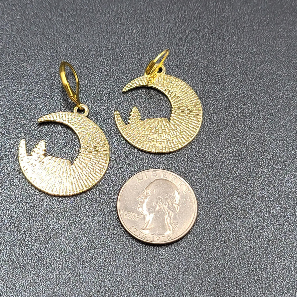New Camping Scene Pierced Earrings Gold tone Enamel Dangle Moon Tent 1.25" FS