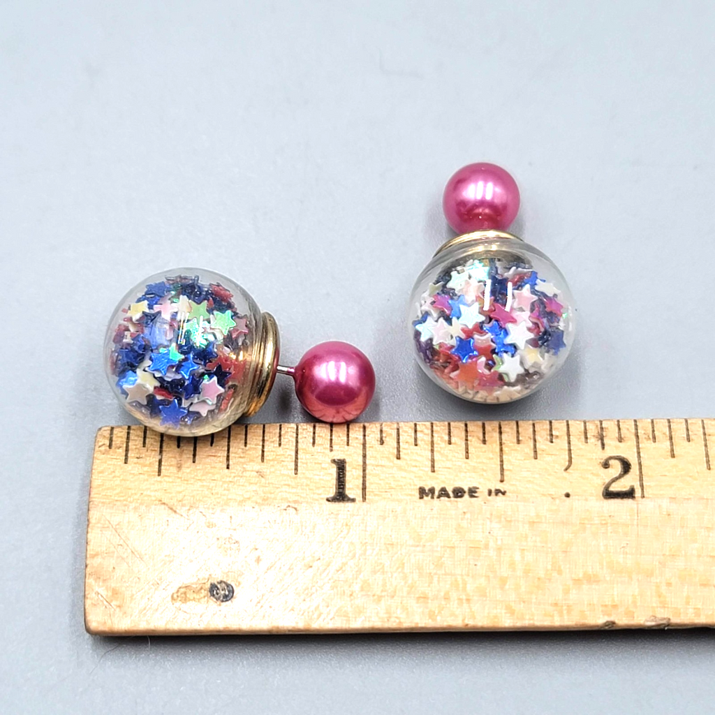 Reversible Stud Pierced Earrings  Star Confetti Glass Globe 5/8 in