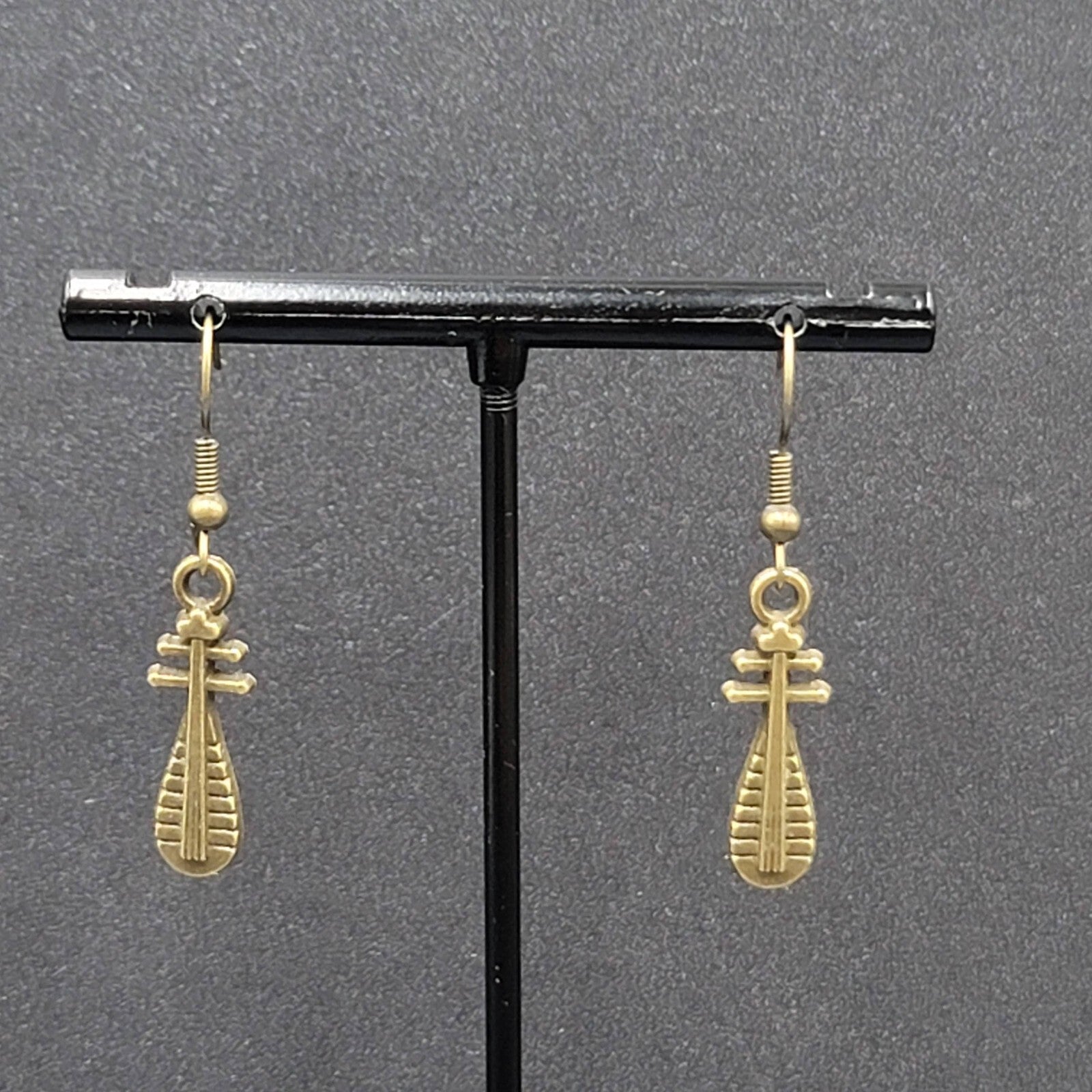 Lute Pierced Earrings Bronze tone Embossed Dangle New 1"