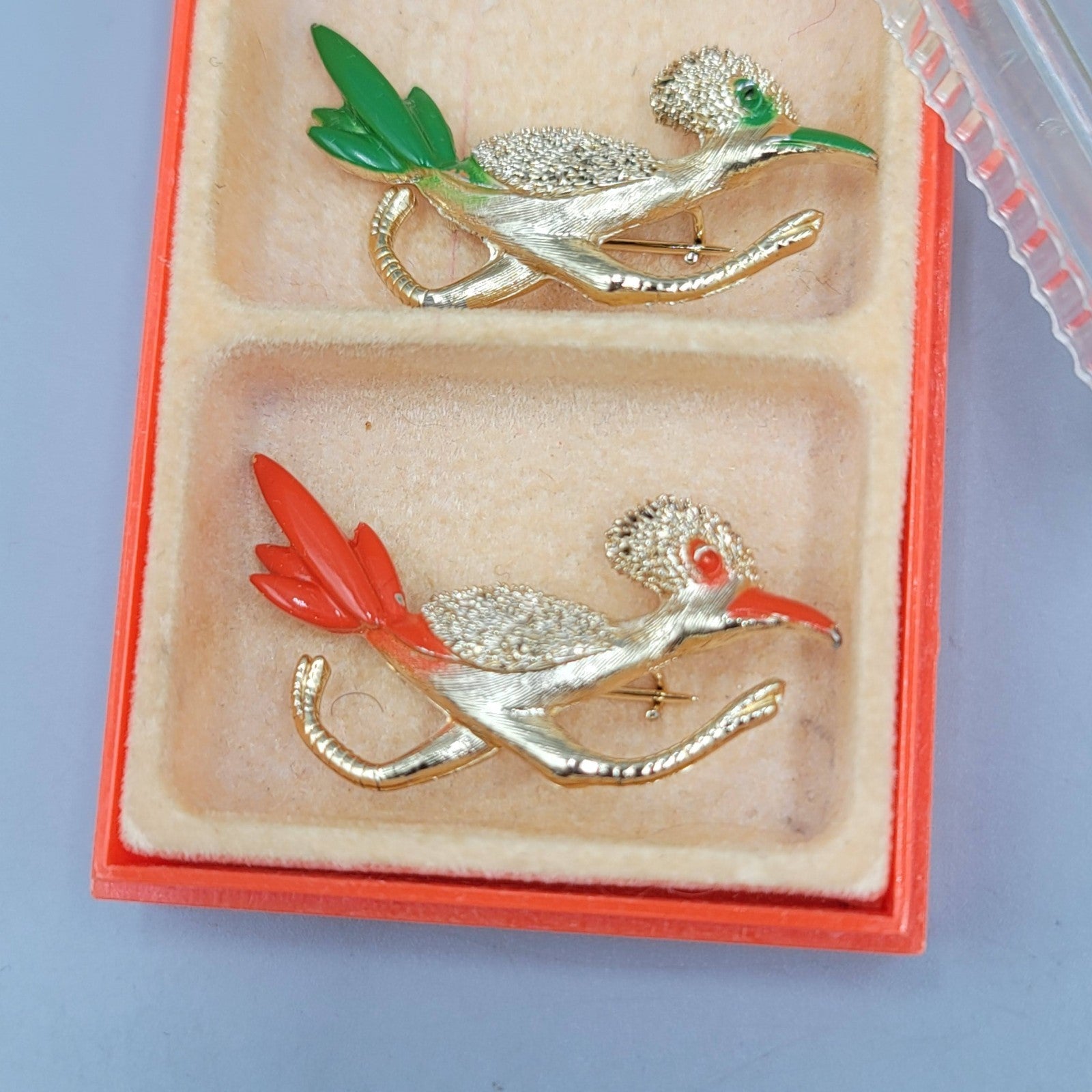 Vintage Roadrunner Brooch Original Box Orange Green Enamel Lot of 2 Gold tone