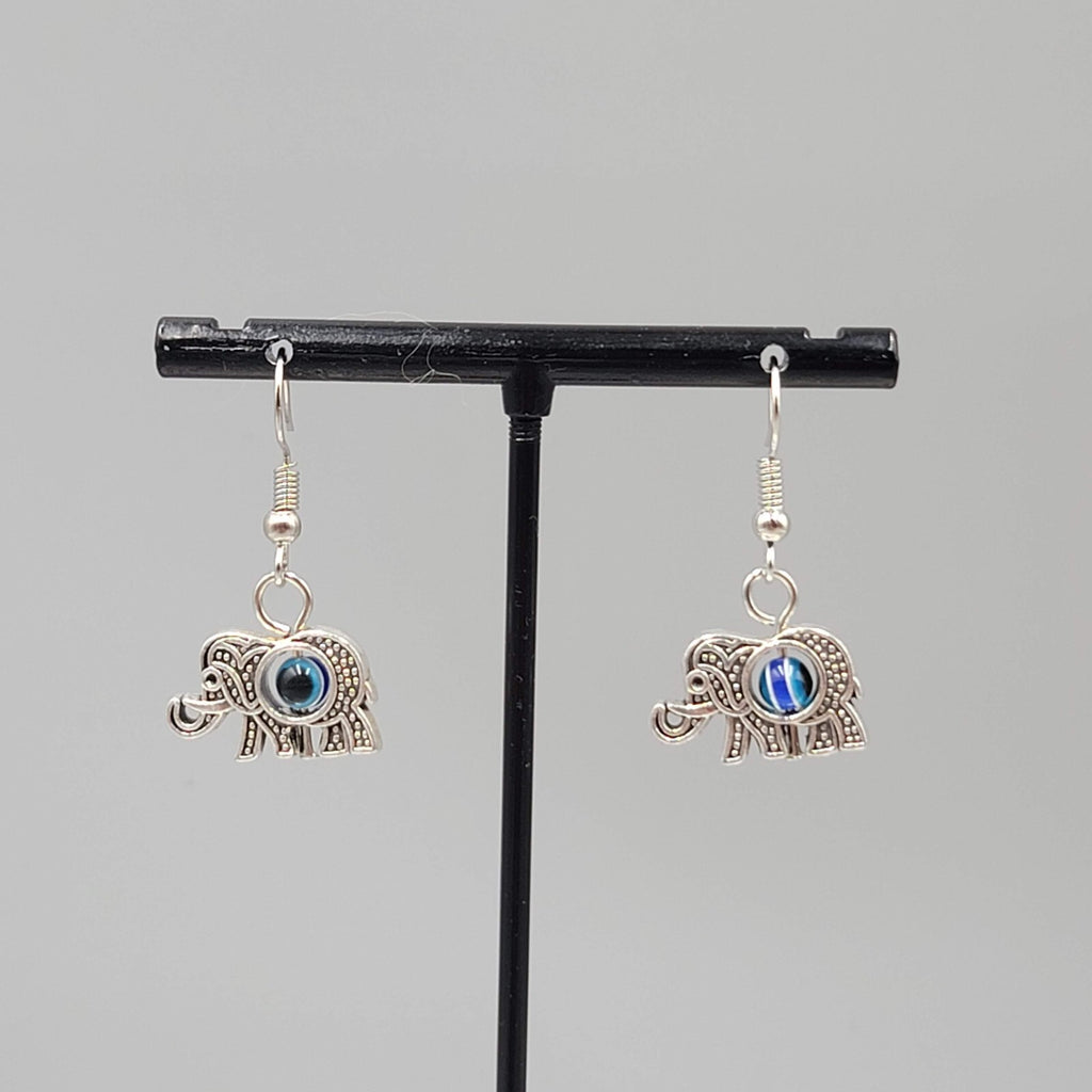 Elephant Evil Eye Pierced Earrings Silver tone Blue Bead Dangle 5/8"