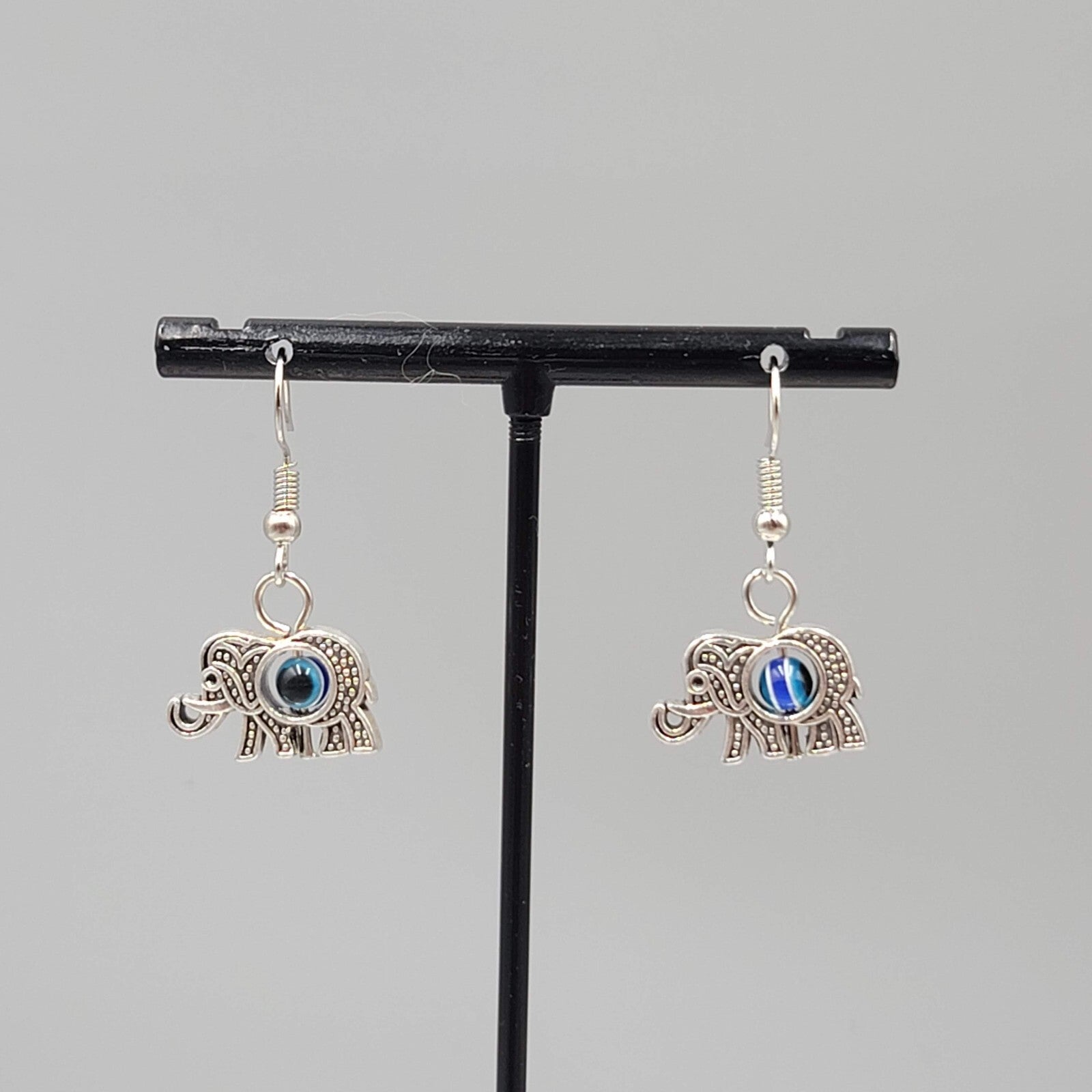 Elephant Evil Eye Pierced Earrings Silver tone Blue Bead Dangle 5/8"