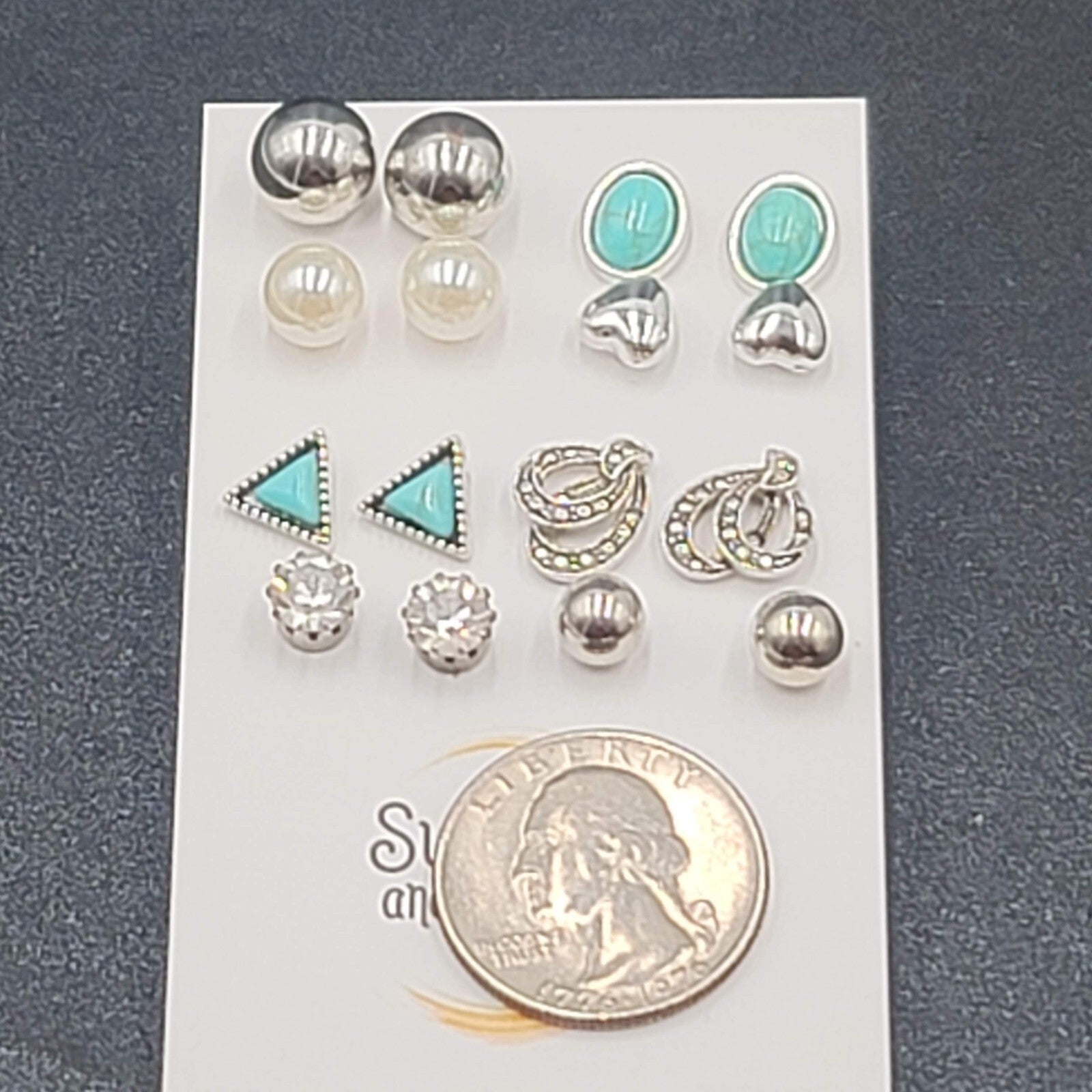 Lot of 8 Pierced Earrings Silver tone Studs Faux Turquoise Heart Marcasite