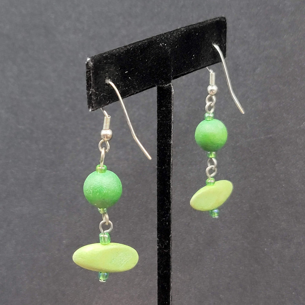 Pierced Earrings Silver tone Green Wood Bead Dangle 1.5"