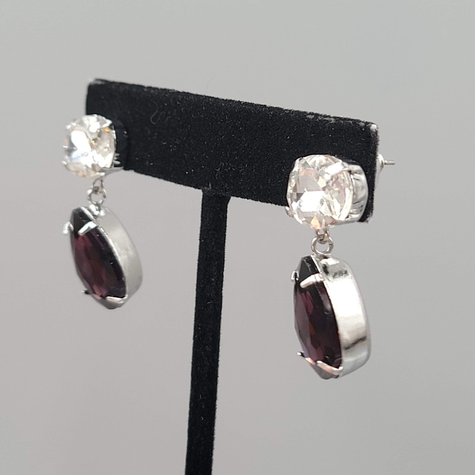 Purple Rhinestone Pierced Earrings Silve rtone Dangle Teardrop 1 1/8"