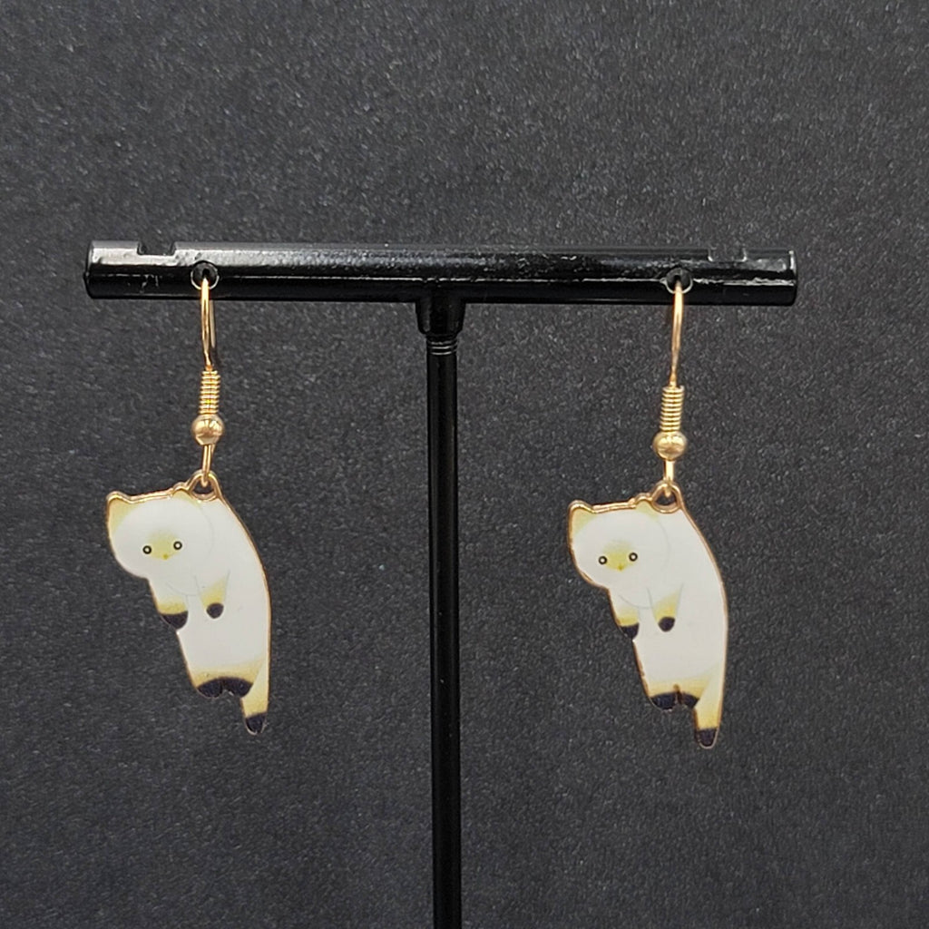Pierced Earrings Gold tone White Enamel Kitty Cat Dangle 1"