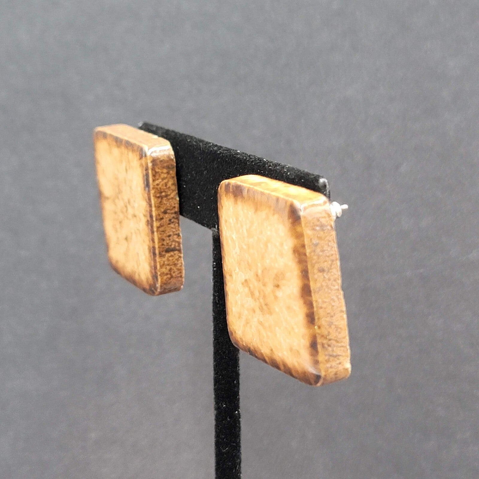 Pierced Earrings Clay Pottery Squares Brown  1 1/8"