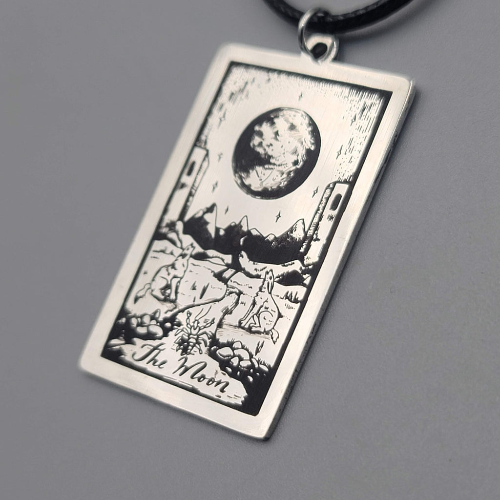 THE MOON Tarot Card Pendant Necklace Major Arcana Silver tone Black Cord 18" Adj