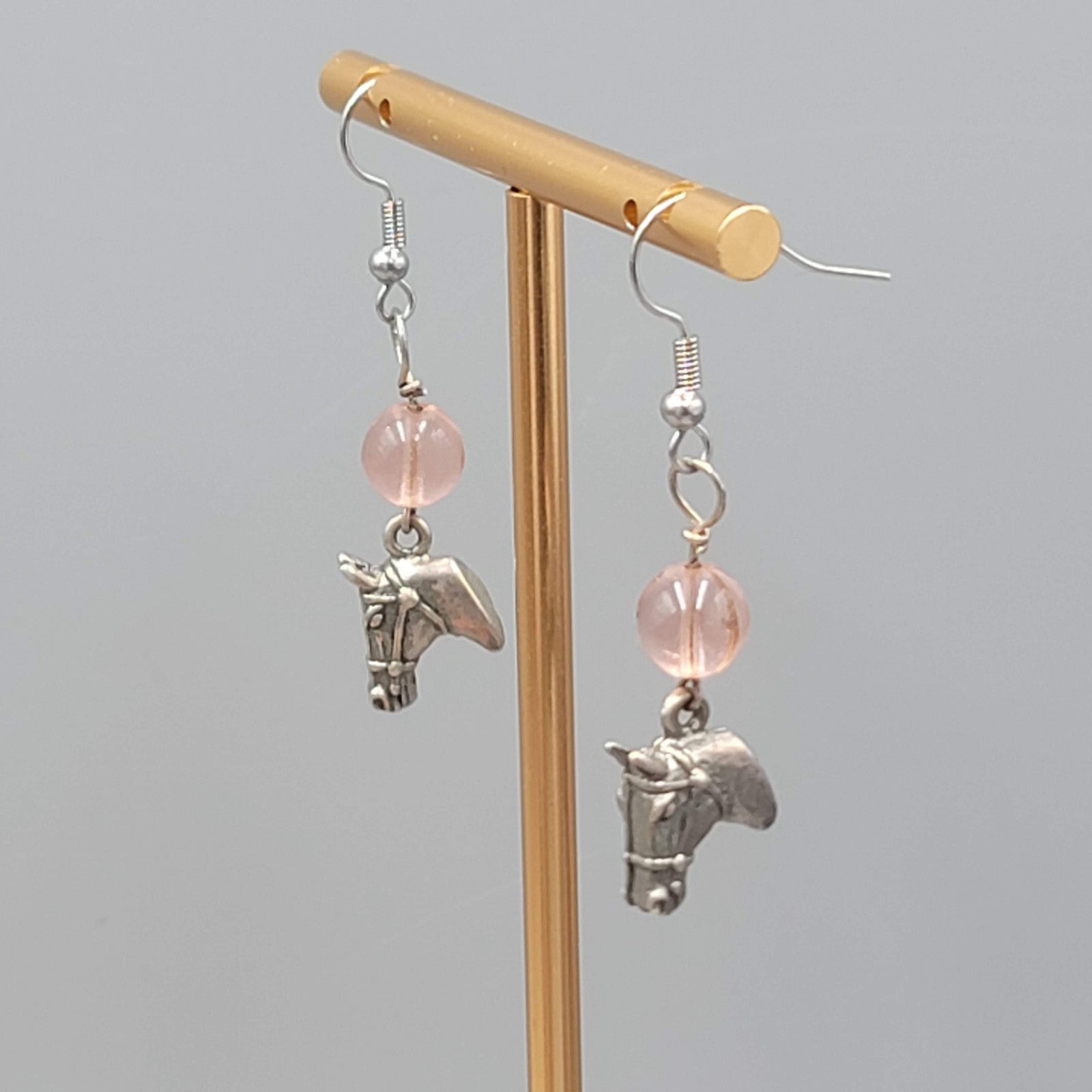Horse Head Pink Bead Pierced Earrings Silver tone Dangle 1.25 in