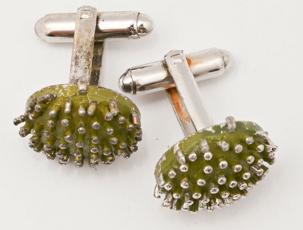 Vtg Cufflinks Dante Continental Silver Tone Green Spiky Mens Flip Backing Casual