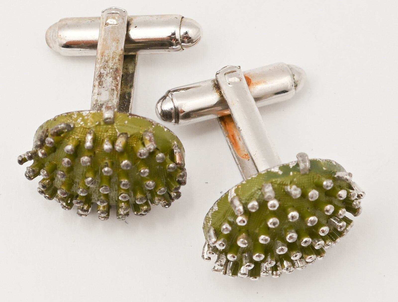 Vtg Cufflinks Dante Continental Silver Tone Green Spiky Mens Flip Backing Casual