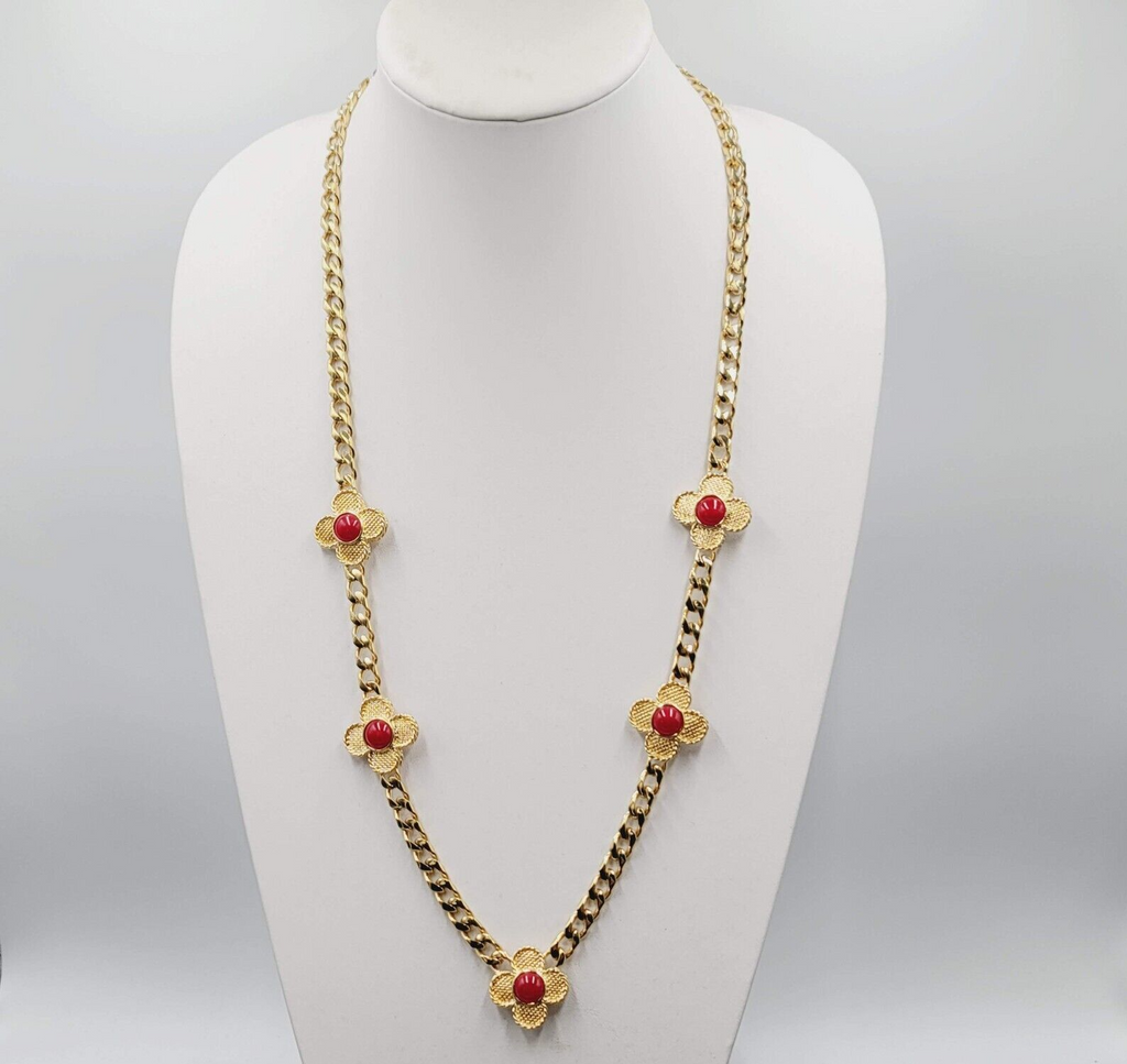 Vintage Heavy Gold Tone Thick Chain Station Red Accents 30"