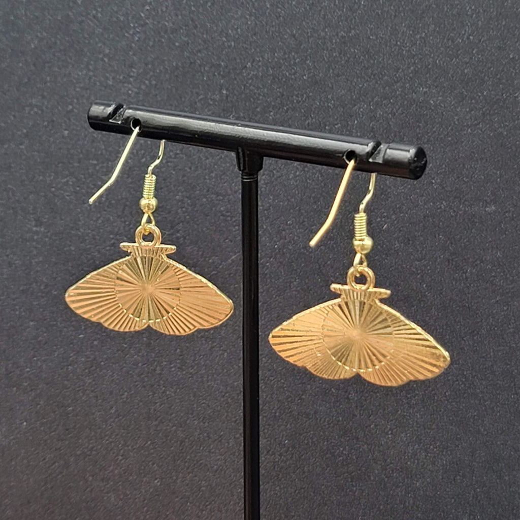 Moth Pierced Earrings Gold tone Pink Black Moons Enamel Dangle 5/8"