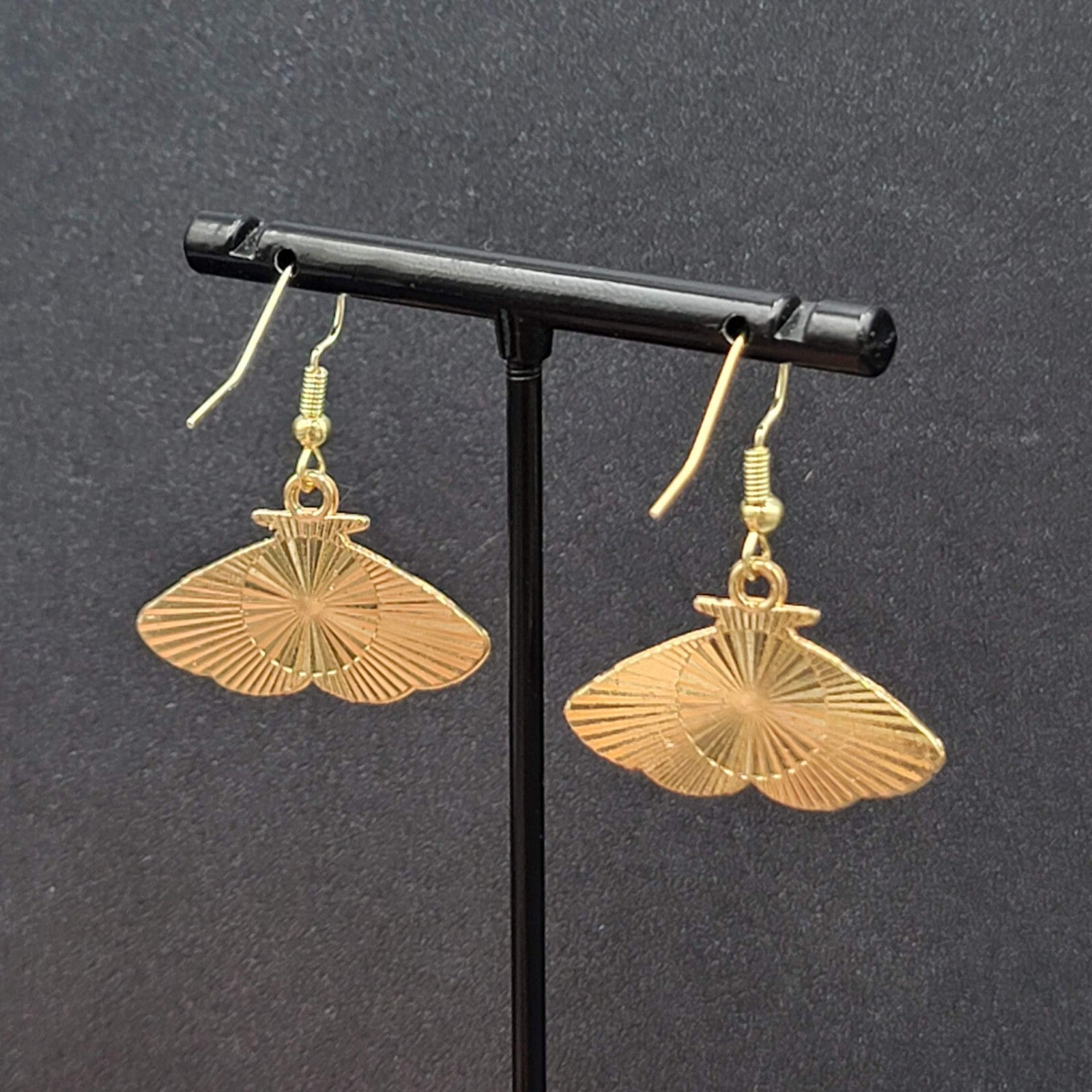 Moth Pierced Earrings Gold tone Pink Black Moons Enamel Dangle 5/8"