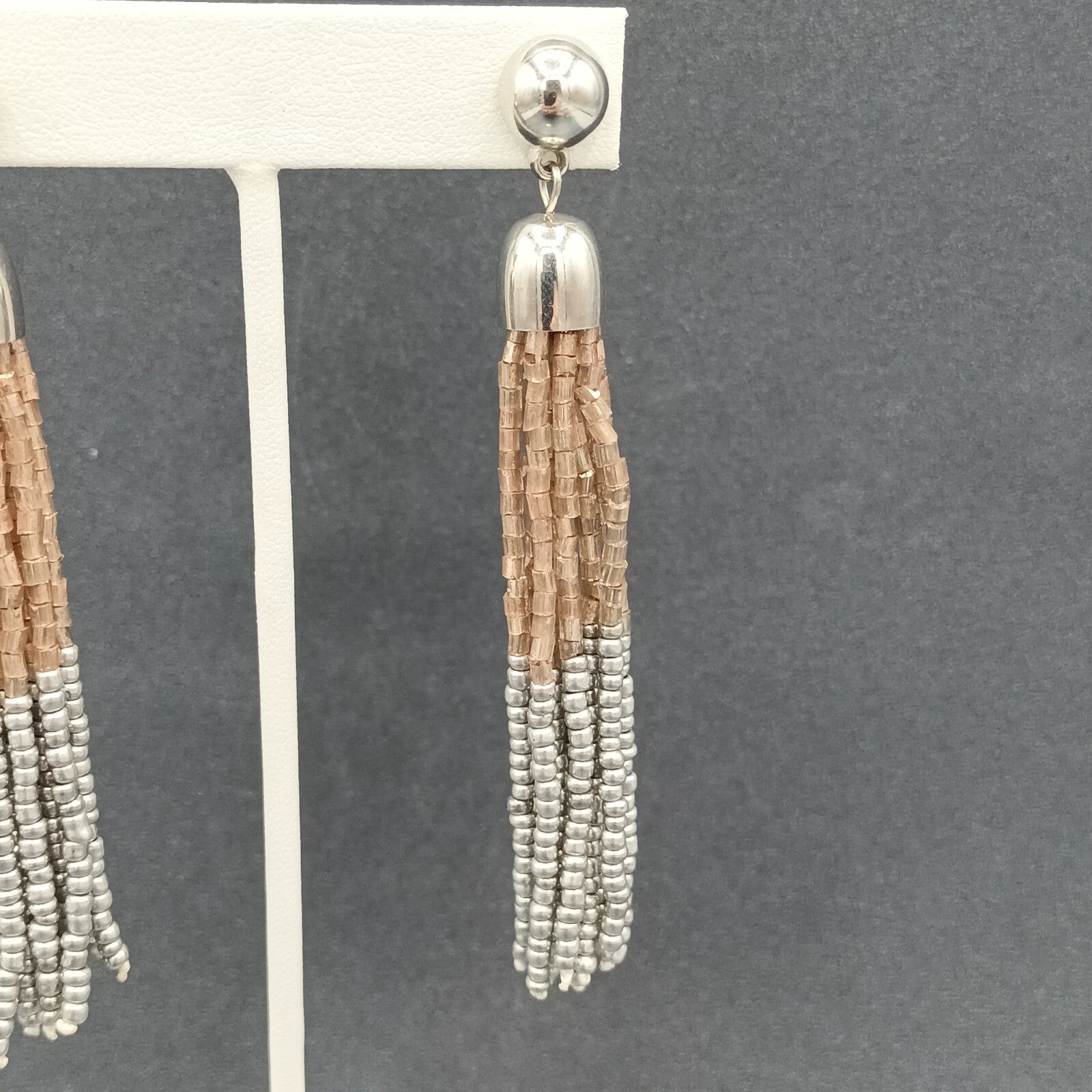 Pierced Earrings Gold and Silver tone Seed Bead Multi Strand Dangle 3.75"