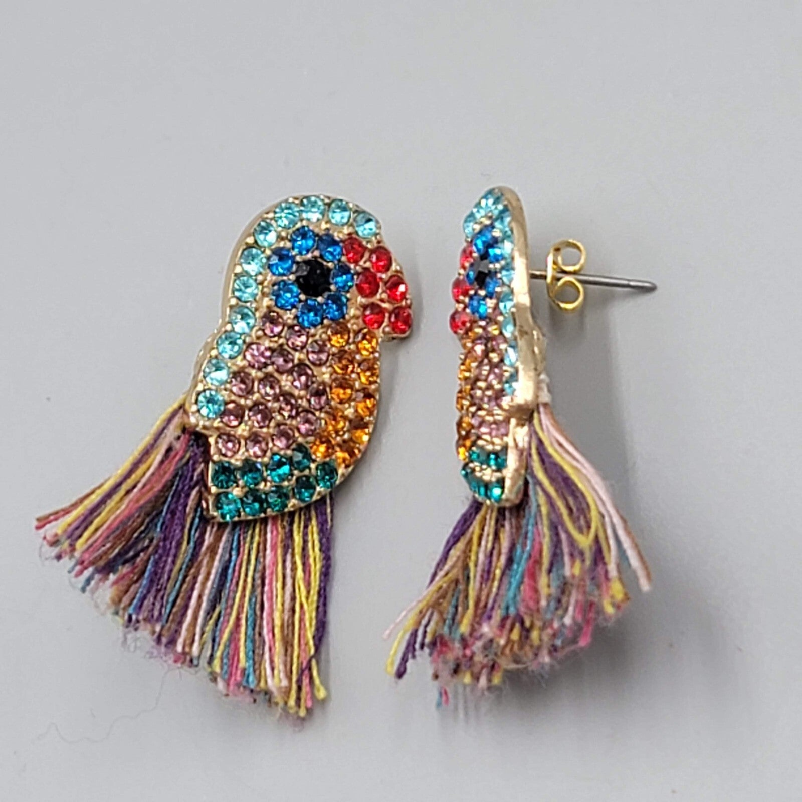 Crystal Bird Pierced Earrings Gold tone Multicolor Tassel 1.5"