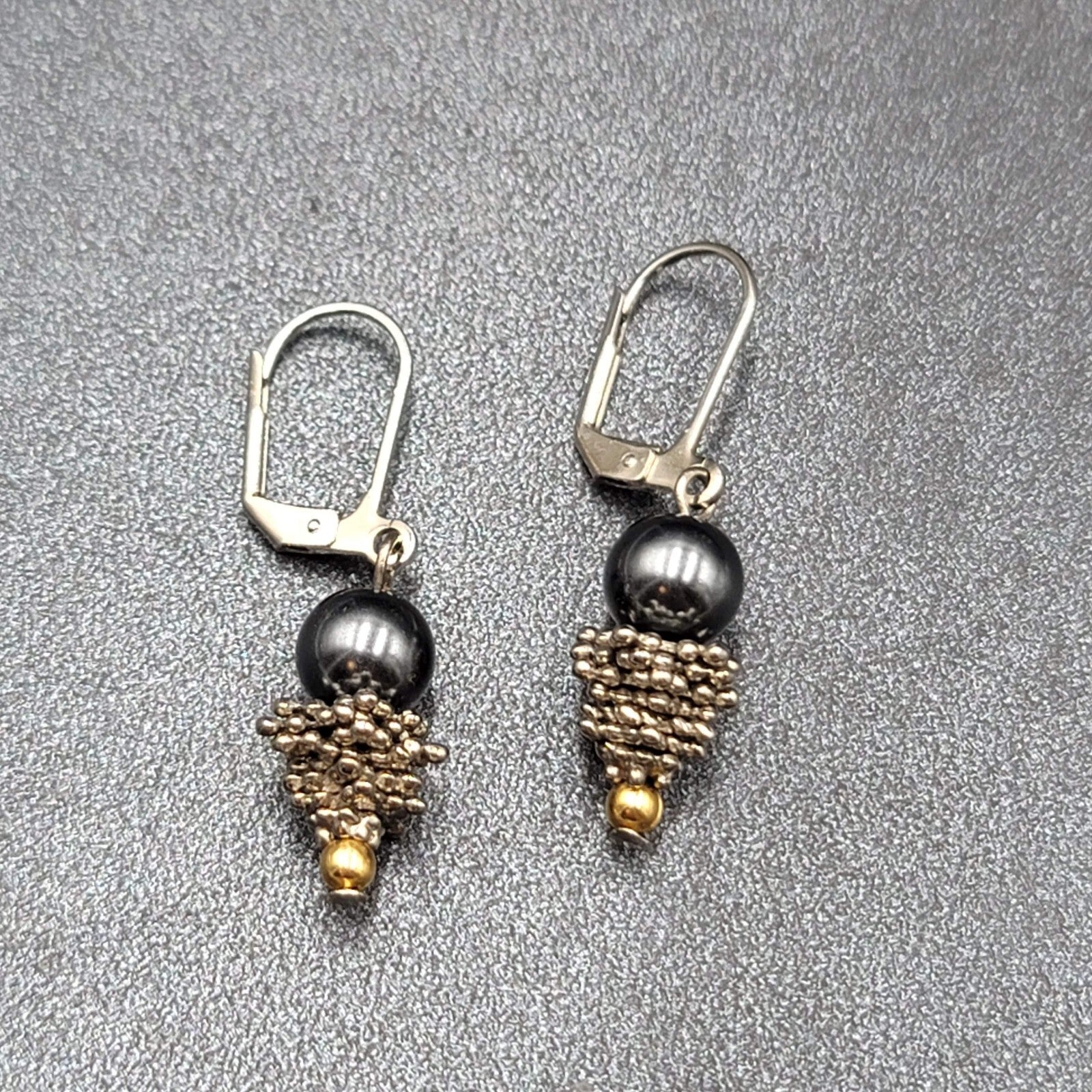 Pierced Earrings Silver tone Black Bead Dangle  7/8"