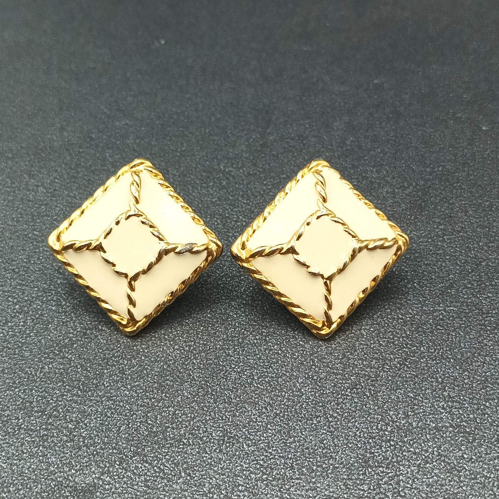 Vintage Pierced Earrings Gold Plated Cream Enamel Geometric Drop 1"