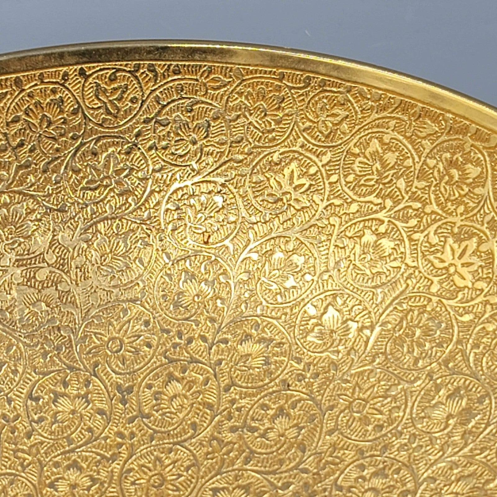 Etched Brass Bowl Gold Tone Floral Arabesque Footed Decorative Dish 9.25"
