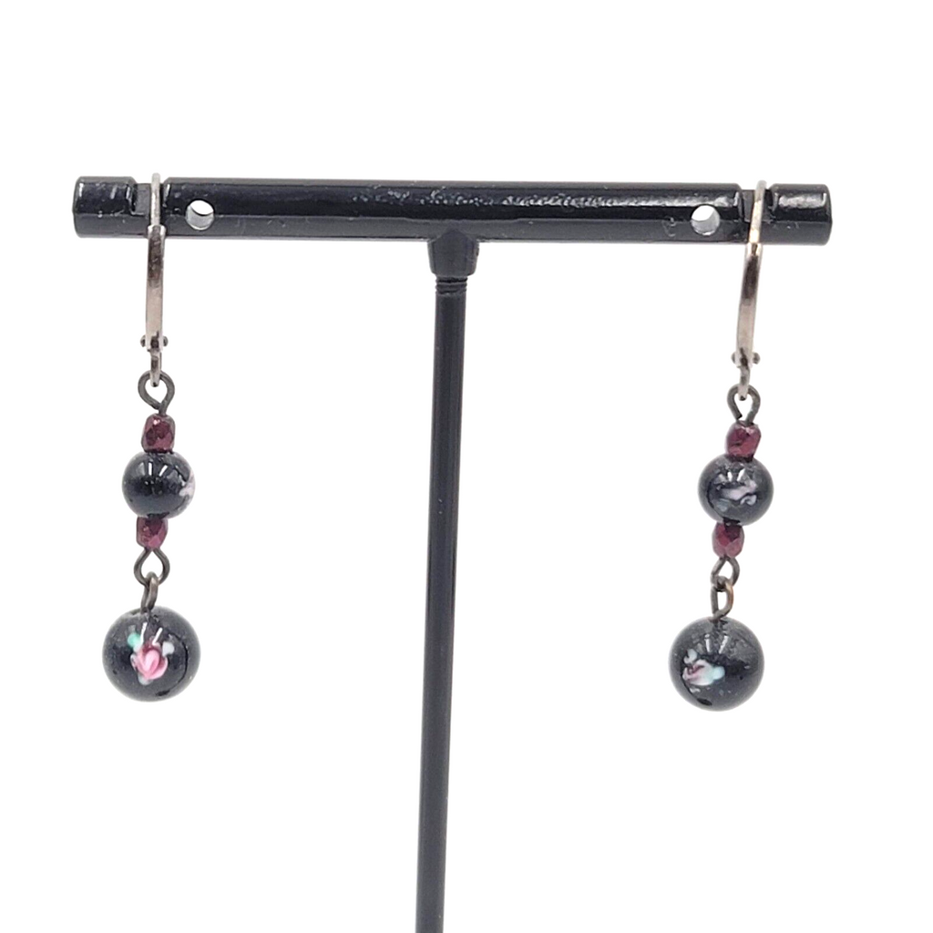 Pierced Earrings Black Metal Flower Glass Bead Dangle 1"