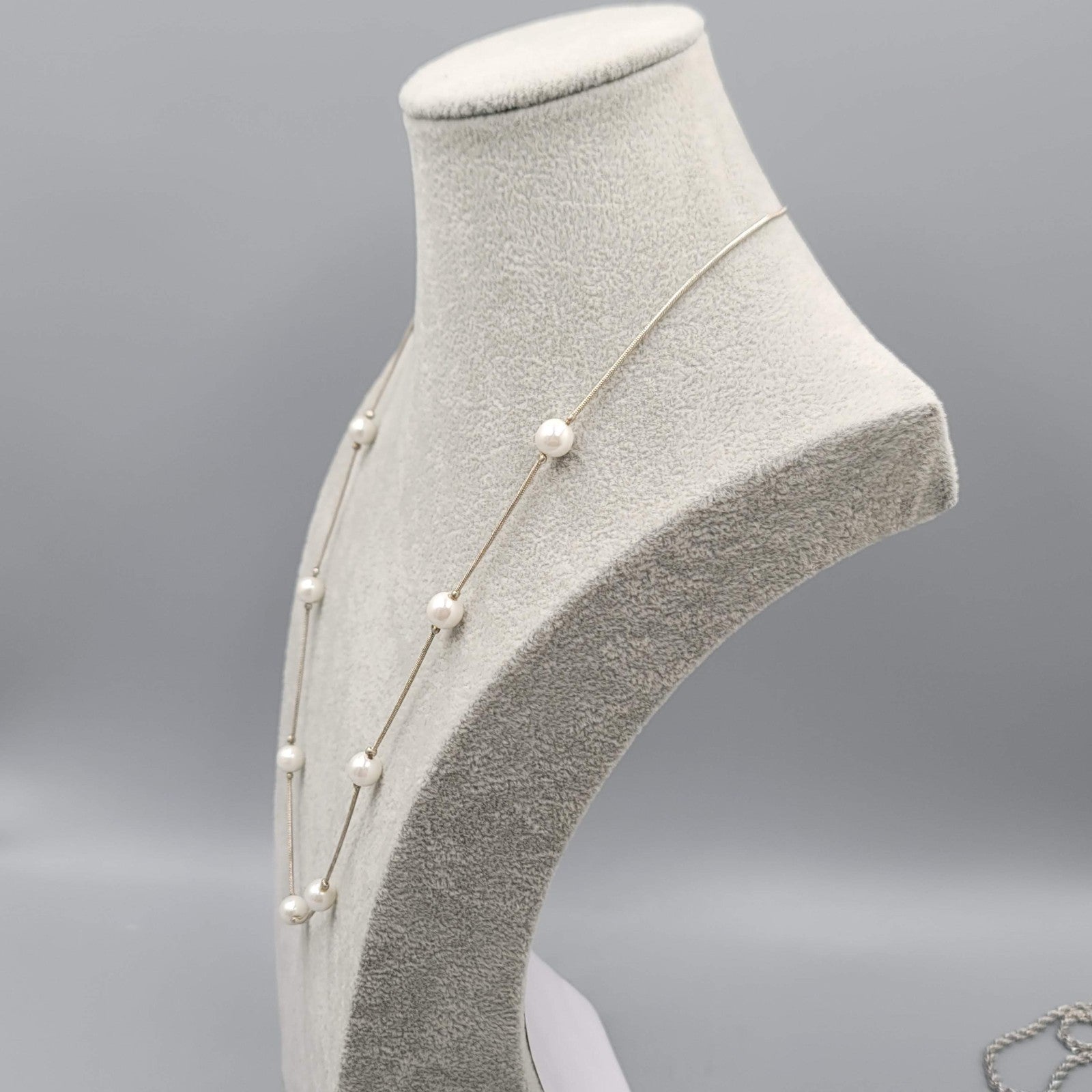 Faux Pearl Bead Station Necklace Silver tone 24 in