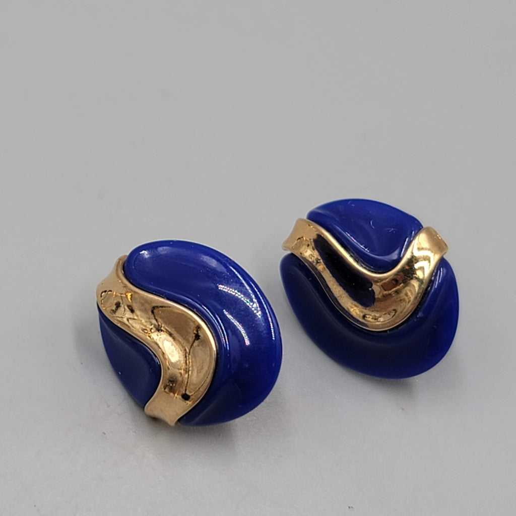 Vintage Blue Oval Pierced Earrings Gold tone Drop 3/4"