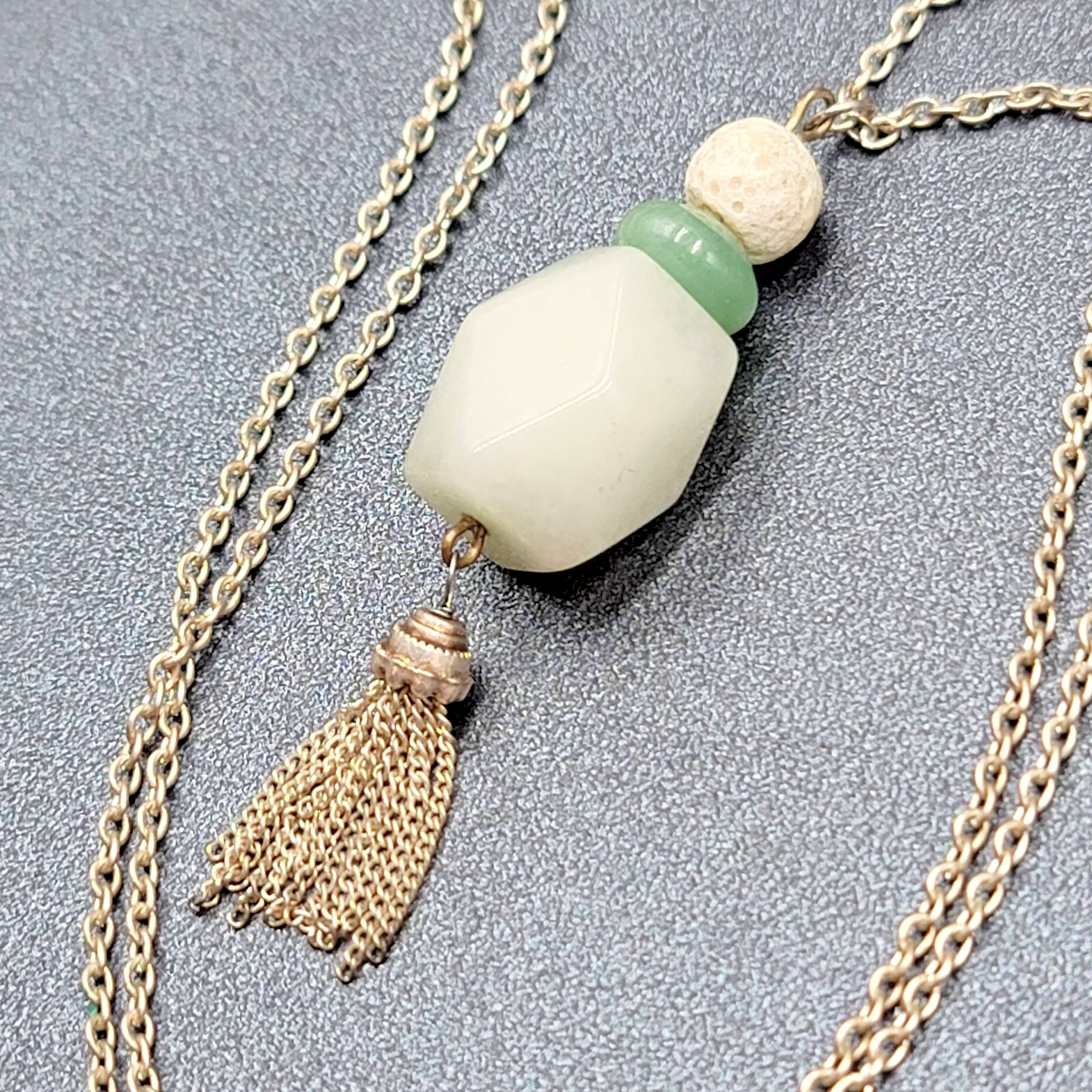 Jadeite Bead Pendant Tassel Necklace Silver tone Chain 20"-23"