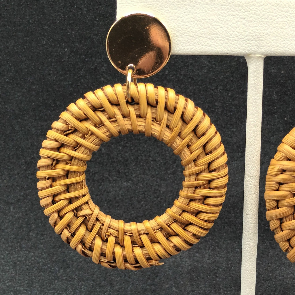 Boho Pierced Earrings Gold tone Rattan Ring Statement Dangle 2 1/2"
