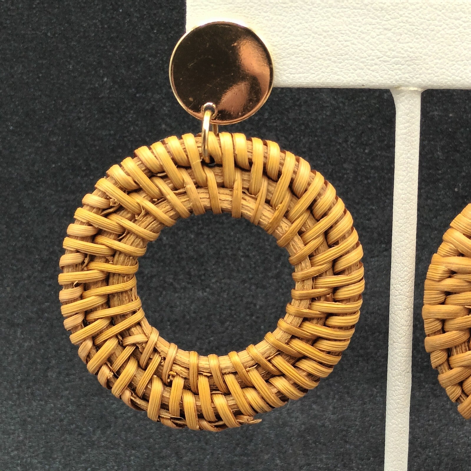 Boho Pierced Earrings Gold tone Rattan Ring Statement Dangle 2 1/2"