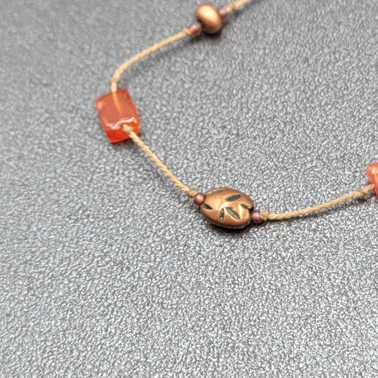 Dainty Orange Stone Necklace Hand Knotted Cord Station Copper tone Metal 17"
