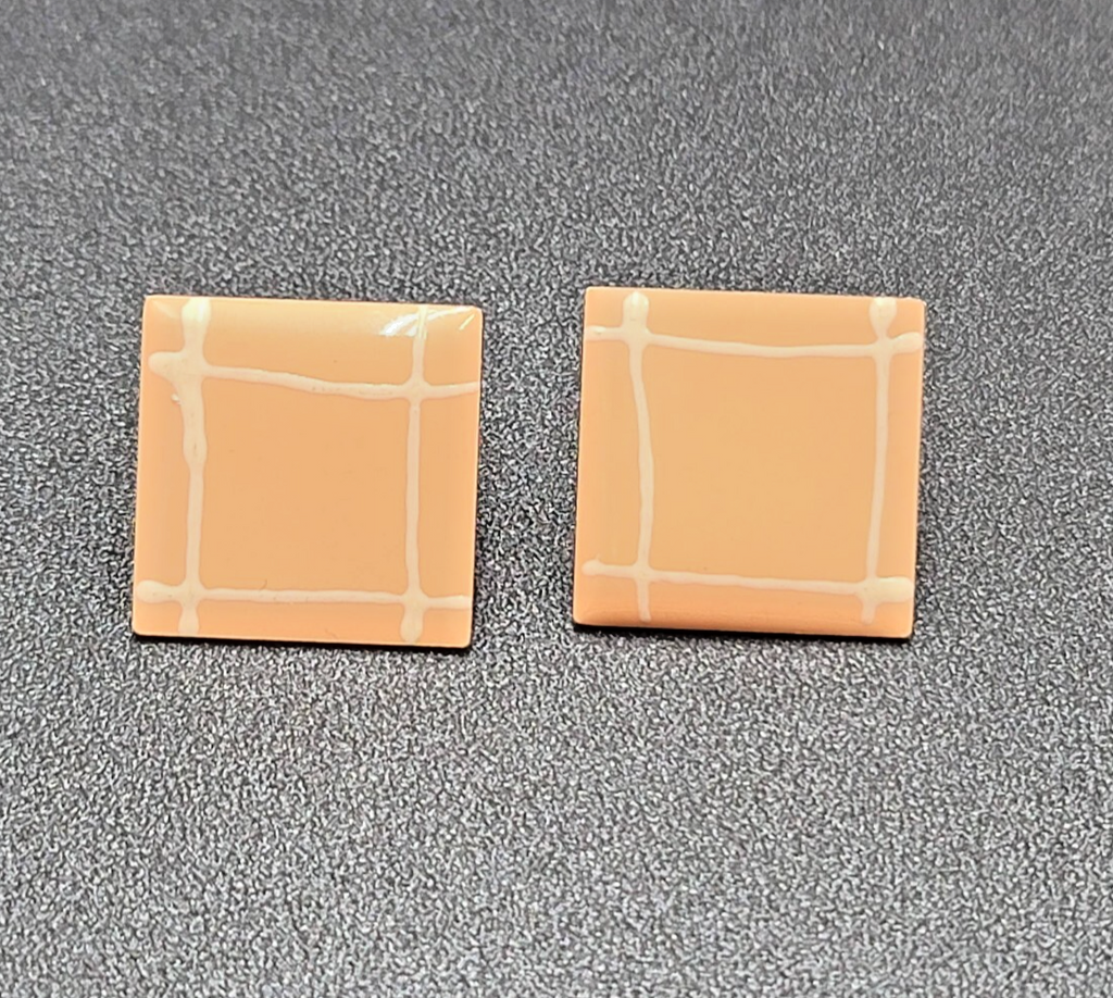 Vintage Pierced Earrings Peach Enamel Square Studs 7/8"