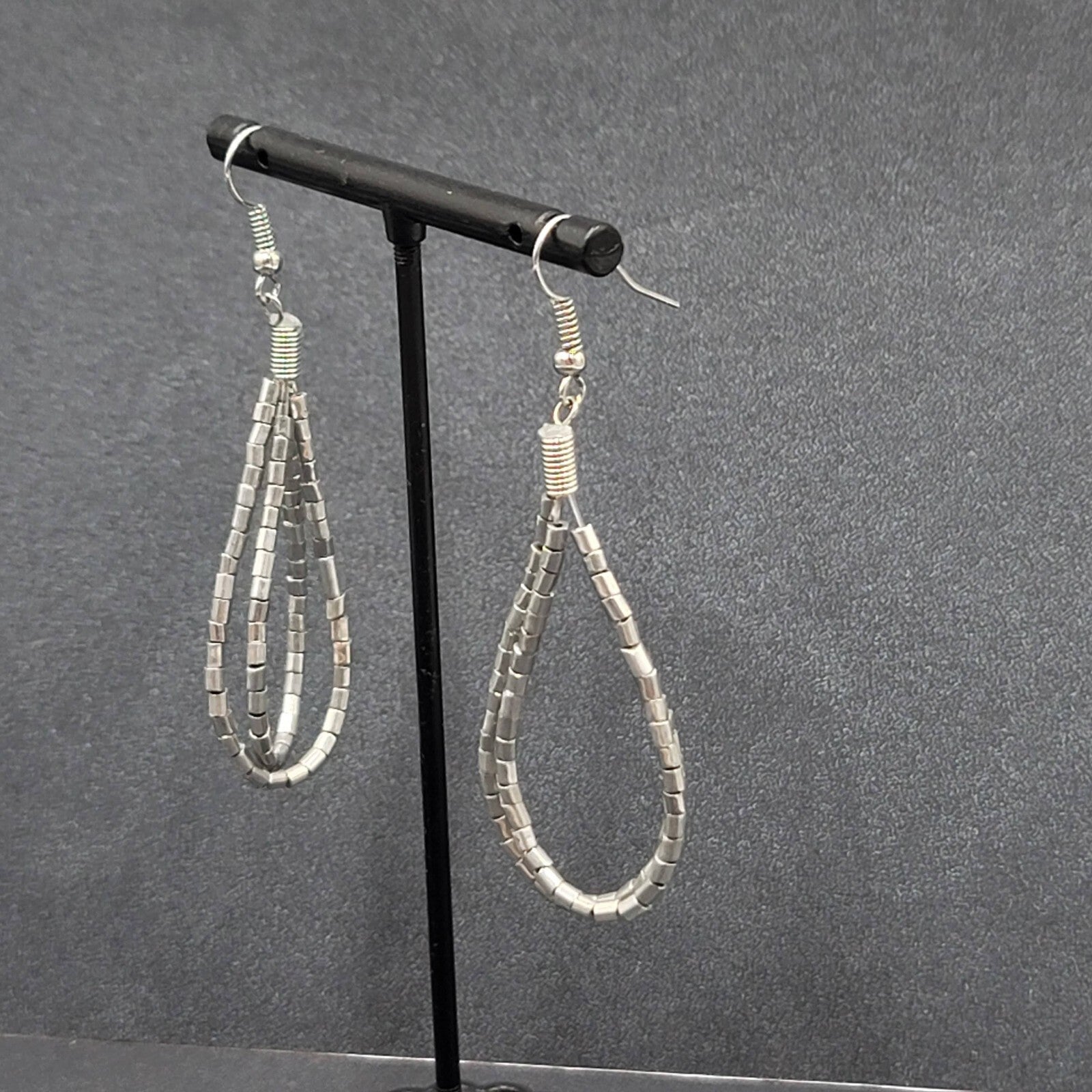Pierced Earrings Silver tone Barrel Bead Loops 2"