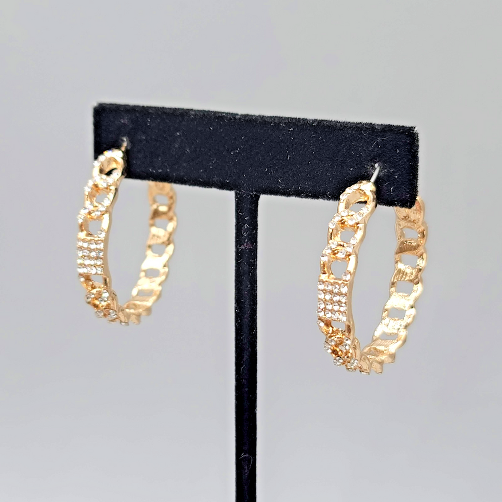 Rhinestone Chain Hoops Pierced Earrings Gold tone 1.25 in