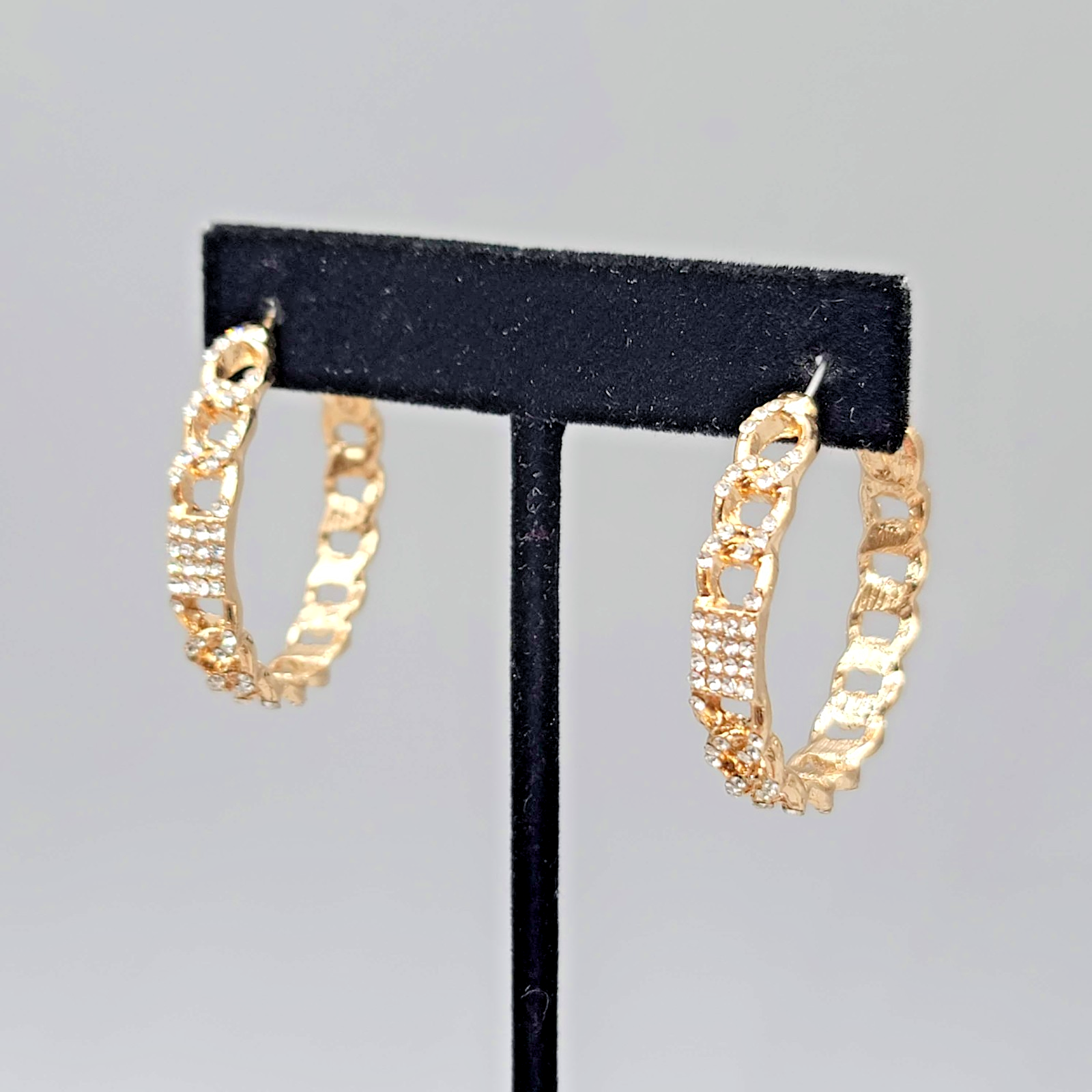 Rhinestone Chain Hoops Pierced Earrings Gold tone 1.25 in