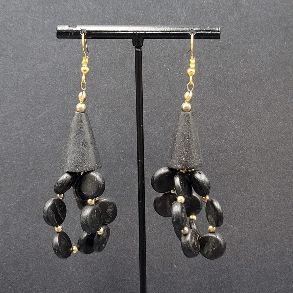 Vintage Pierced Earrings Black Coconut Beaded Statement 2.5"