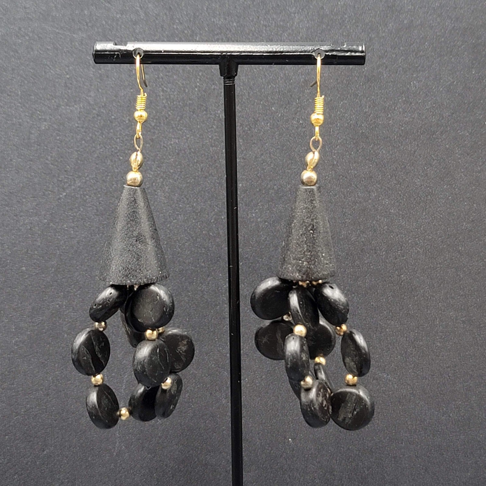 Vintage Pierced Earrings Black Coconut Beaded Statement 2.5"