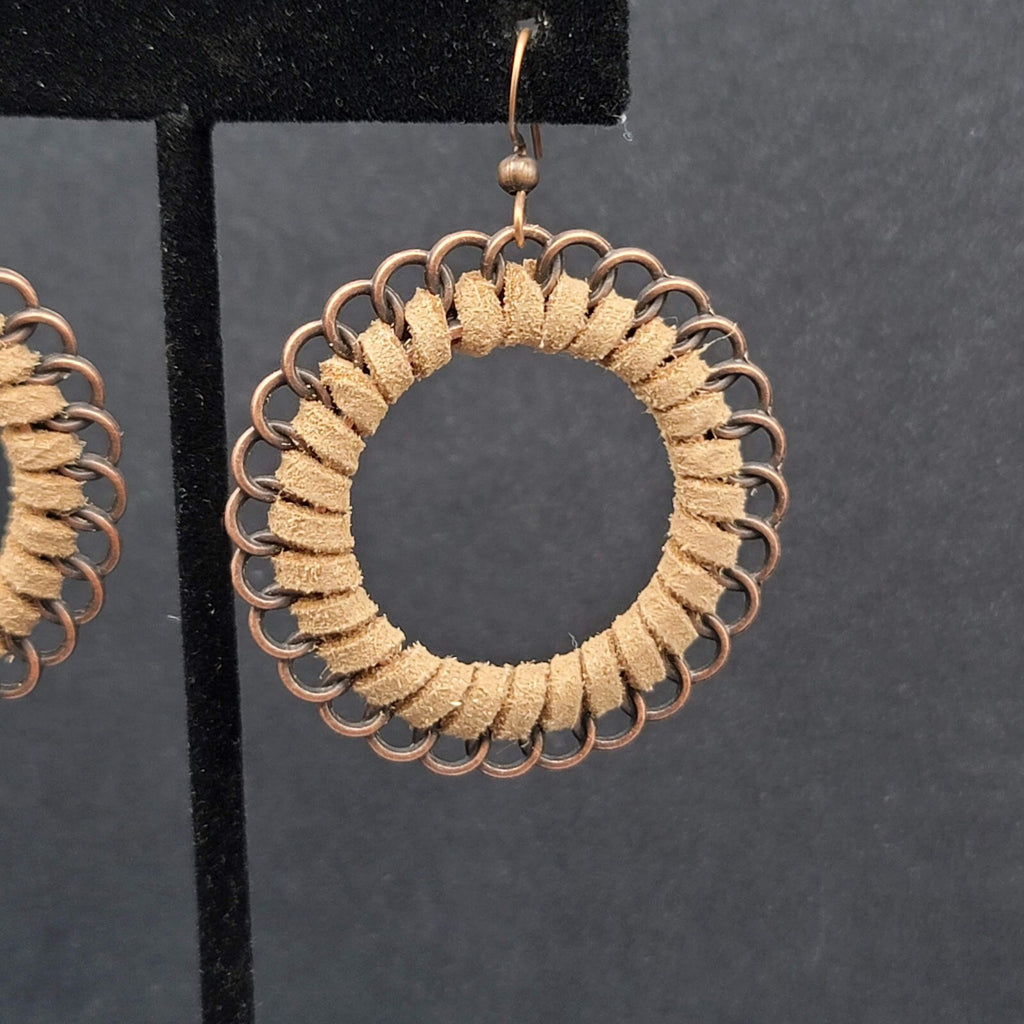 New Boho Pierced Earrings Copper tone Faux Leather Laced Hoops 1.75"
