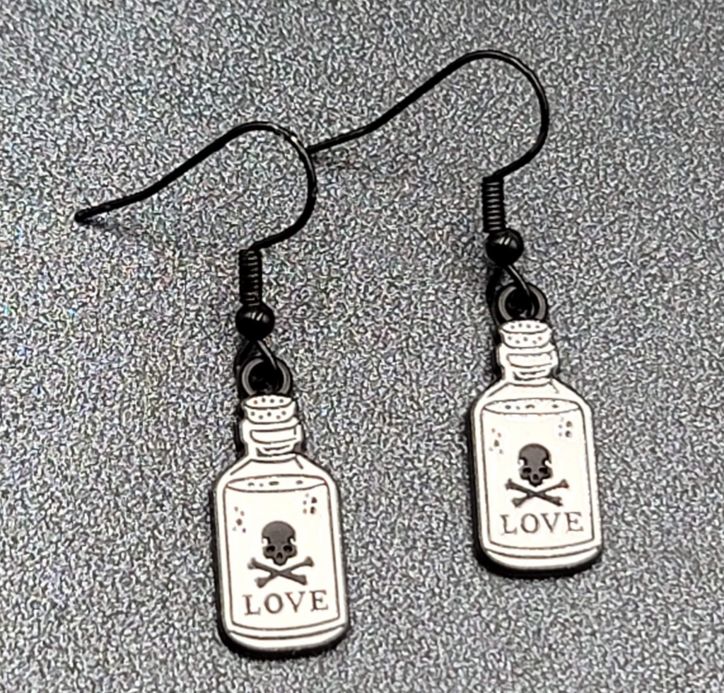 Love Poison Pierced Earrings Black White Enamel Dangle 7/8" 